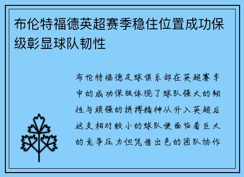 布伦特福德英超赛季稳住位置成功保级彰显球队韧性