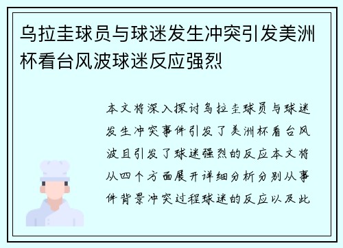 乌拉圭球员与球迷发生冲突引发美洲杯看台风波球迷反应强烈